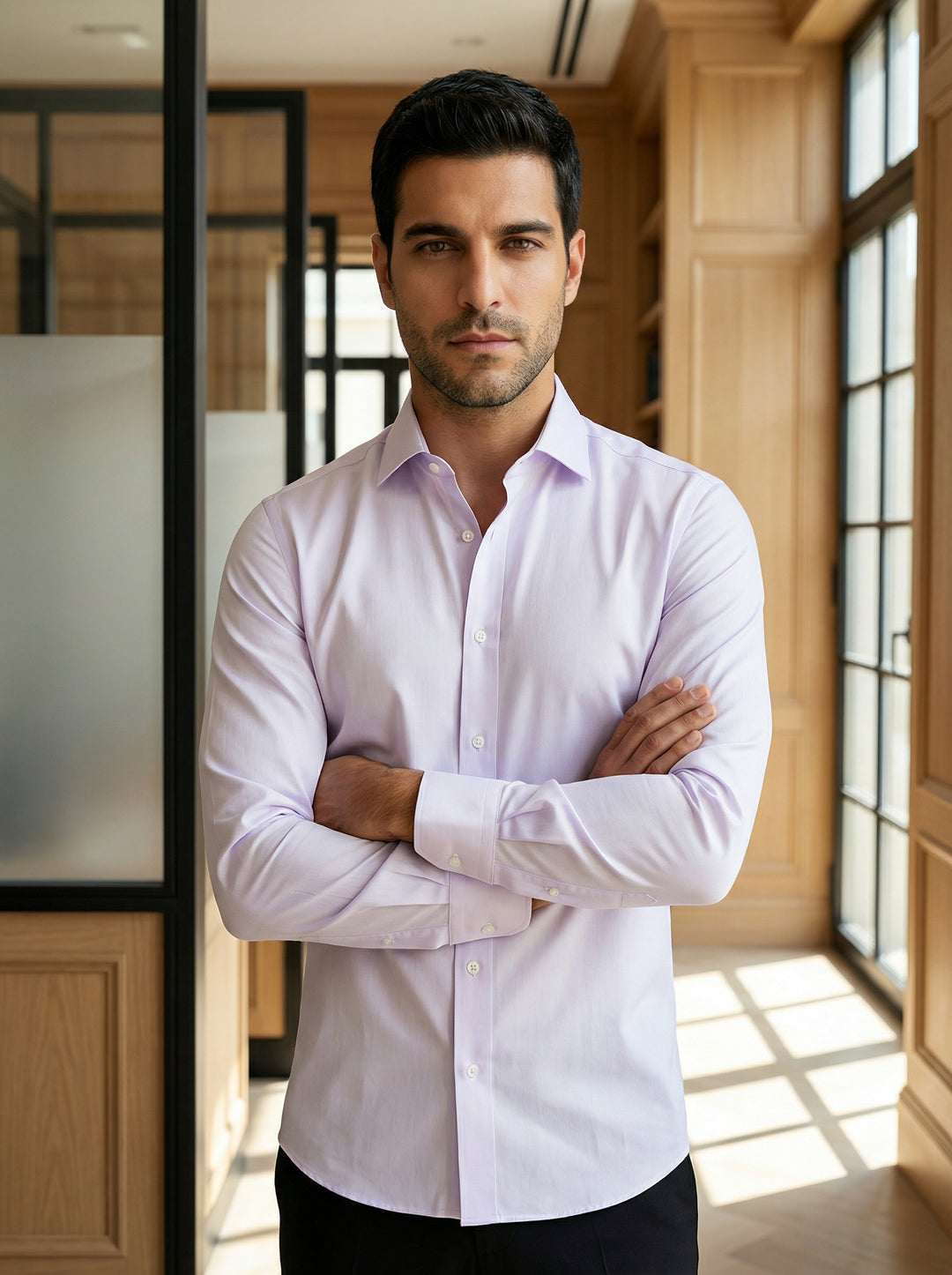 A sophisticated men's long-sleeve dress shirt in a delicate pale lavender hue. Crafted with a tailored fit, it features a classic spread collar, button-down front, and barrel cuffs, offering a clean and polished aesthetic for any formal or business settin