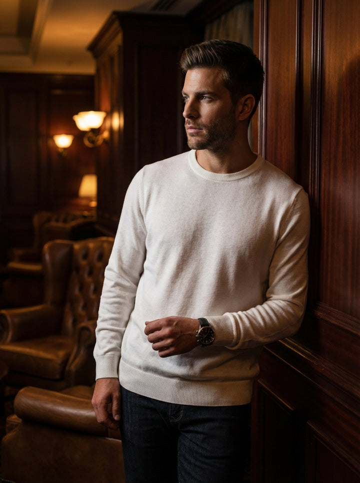 This classic men's crew neck sweater in a crisp white knit features a refined, lightweight texture and ribbed cuffs and hem. Its clean, minimalist silhouette offers a sophisticated yet comfortable fit that pairs effortlessly with denim or tailored trouser
