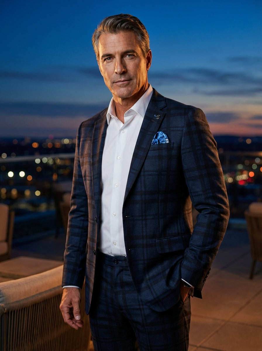 This sophisticated navy plaid suit features a tailored fit with bold check patterning. Paired with a crisp white button-down shirt and a patterned silk pocket square, the ensemble offers a refined aesthetic suitable for formal events or high-end professio