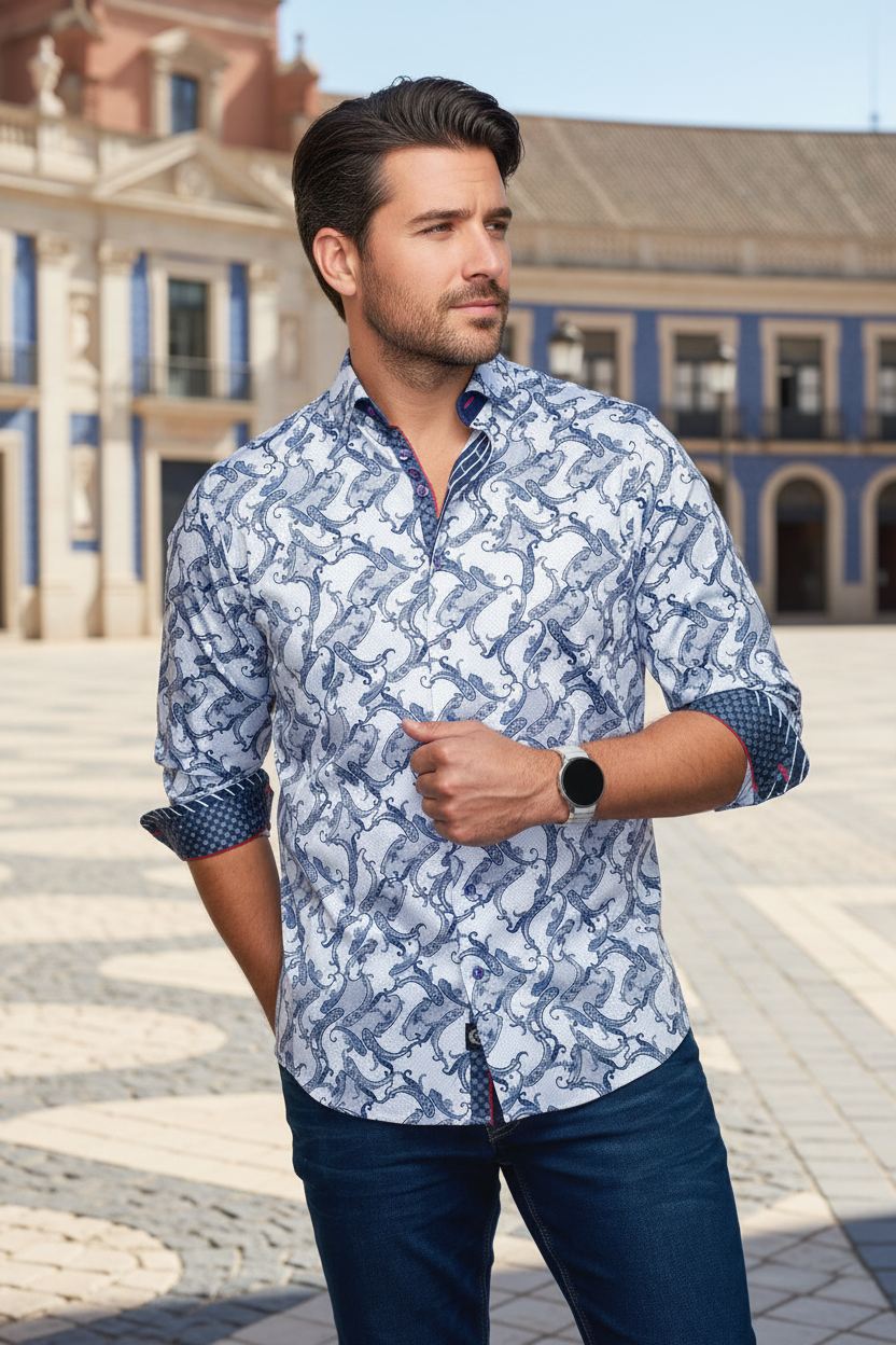 This distinctive men's button-up shirt showcases an intricate blue and white pattern, blending modern sophistication with artistic flair. Crafted for refined individuals seeking a unique statement piece.