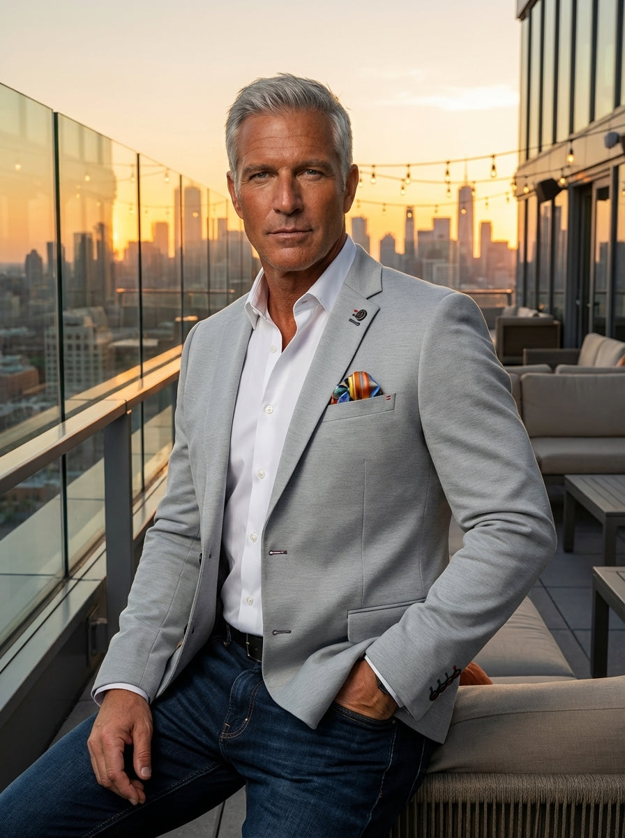 This tailored light gray blazer offers a modern silhouette with its slim-fit design. Featuring notch lapels, a colorful silk pocket square, and contrasting button accents, it seamlessly blends professional elegance with casual flair, making it an essentia