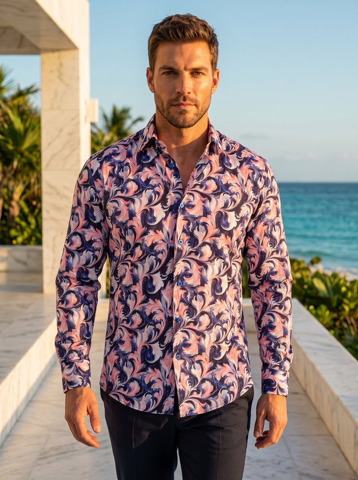This tailored long-sleeve button-down features a vibrant, multi-colored paisley and acanthus-inspired print in shades of navy, pink, and white. Crafted for a modern fit, the shirt boasts high-quality construction with blue-toned buttons, perfect for a bol
