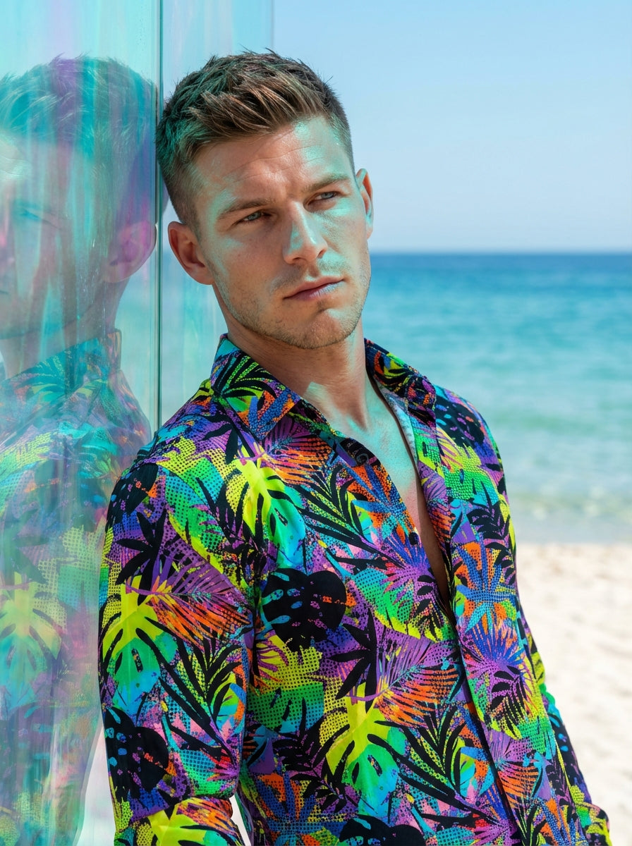 This vibrant men's button-down shirt features a bold, psychedelic tropical print with neon palm fronds and geometric dot patterns. Crafted with a tailored fit, the multicolor design combines electric purple, lime green, and orange for a high-impact, state