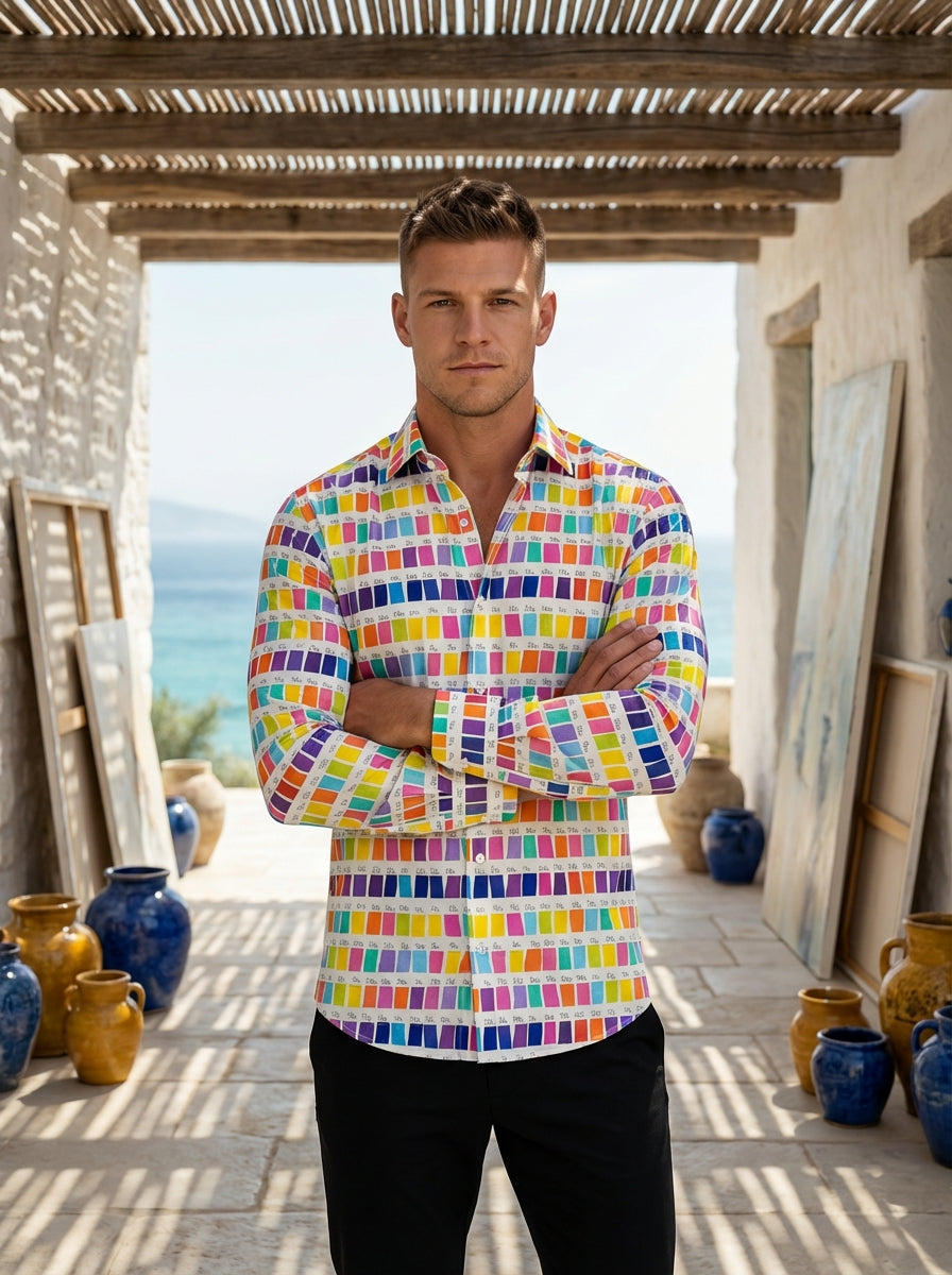 This vibrant long-sleeve button-down shirt features a playful, artistic print of multicolored color swatches resembling a painter's palette. Each swatch includes handwritten annotations, set against a crisp white background with matching white buttons for