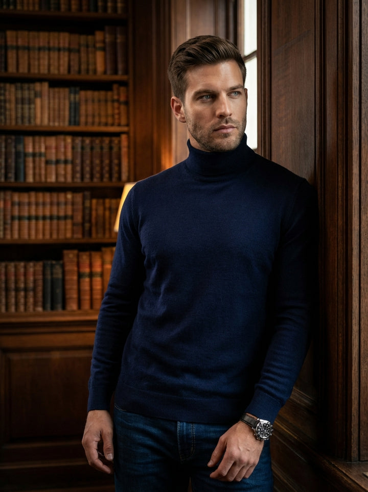 Elevate your wardrobe with this premium navy blue turtleneck sweater. Crafted from a soft, fine-knit wool blend, it offers a tailored fit that provides both warmth and a sleek silhouette, making it an essential piece for sophisticated layering or standalo