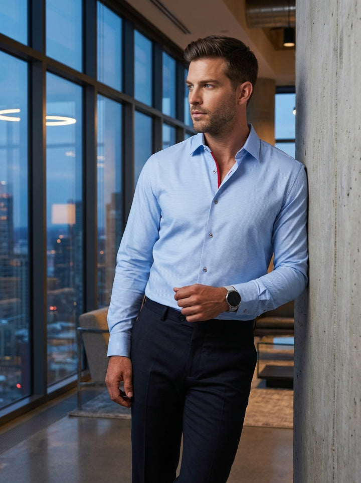 This premium light blue button-down shirt features a subtle micro-textured pattern and sophisticated red contrast piping along the inner placket. Crafted with a tailored fit, it offers a sharp, modern silhouette suitable for both professional settings and