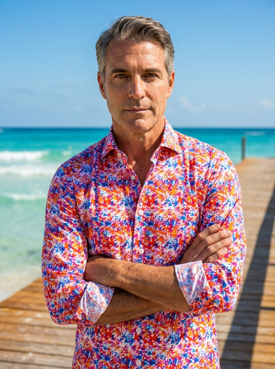 This Masutto button-down shirt features a vibrant, abstract geometric pattern in bold shades of orange, red, and blue. Crafted with a crisp collar and polished white buttons, its energetic multi-colored mosaic design offers a modern, artistic flair for co