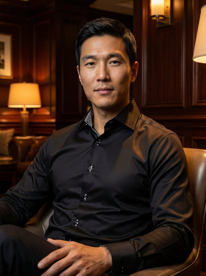 This elegant Masutto men's black dress shirt features a sophisticated spread collar and contrasting patterned interior trim. Detailed with white-stitched buttonholes and circular branded buttons, this premium garment offers a slim, refined silhouette perf