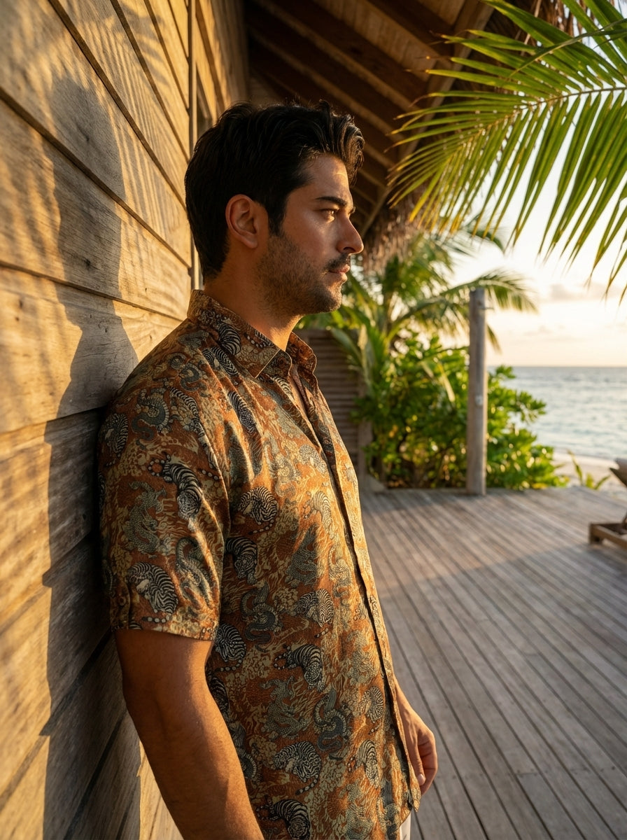 This men's short-sleeve button-down shirt features an intricate oriental-inspired print with detailed tiger and dragon motifs in earthy tones of rust, gold, and teal. Crafted from a smooth, lightweight fabric, it offers a tailored fit with a classic colla