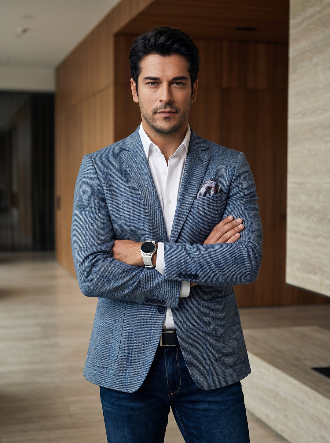 This sophisticated ensemble features a textured blue plaid sports coat with a slim-fit silhouette, paired with a crisp white button-down shirt and dark wash denim. The look is accented by a printed pocket square and a modern white smartwatch.