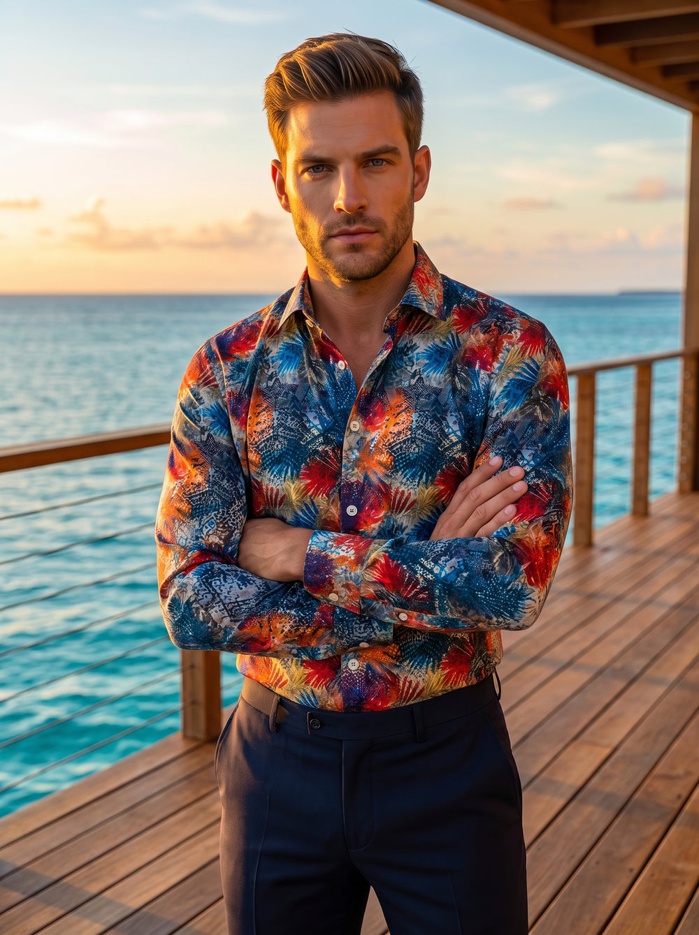 This men's button-down shirt features a vibrant, multi-colored abstract botanical print in shades of red, blue, and yellow. Crafted with a tailored fit and spread collar, it blends artistic flair with classic structure for a bold summer statement.