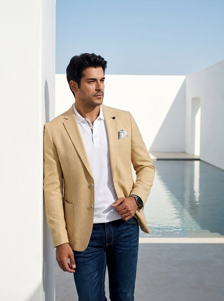 This sophisticated ensemble features a textured, light tan blazer with a subtle micro-pattern, paired with a crisp white polo shirt featuring a decorative placket. The look is completed with dark indigo denim jeans, offering a refined smart-casual aesthet