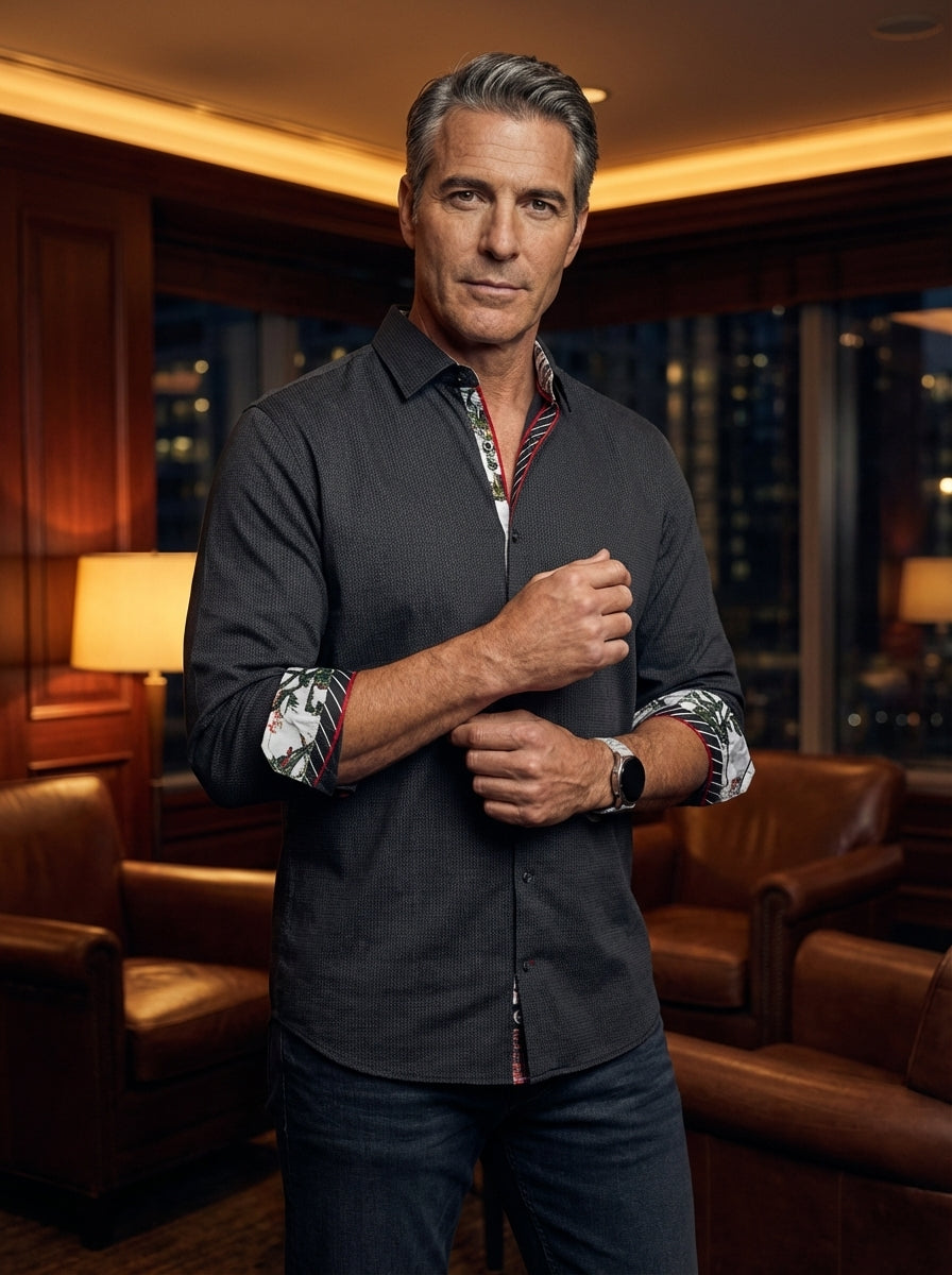 Elevate your evening attire with this sophisticated charcoal textured button-down shirt. Featuring a modern tailored fit, it showcases unique illustrated graphic lining on the inner collar and cuffs, accented by a striking red trim for a bold, contemporar