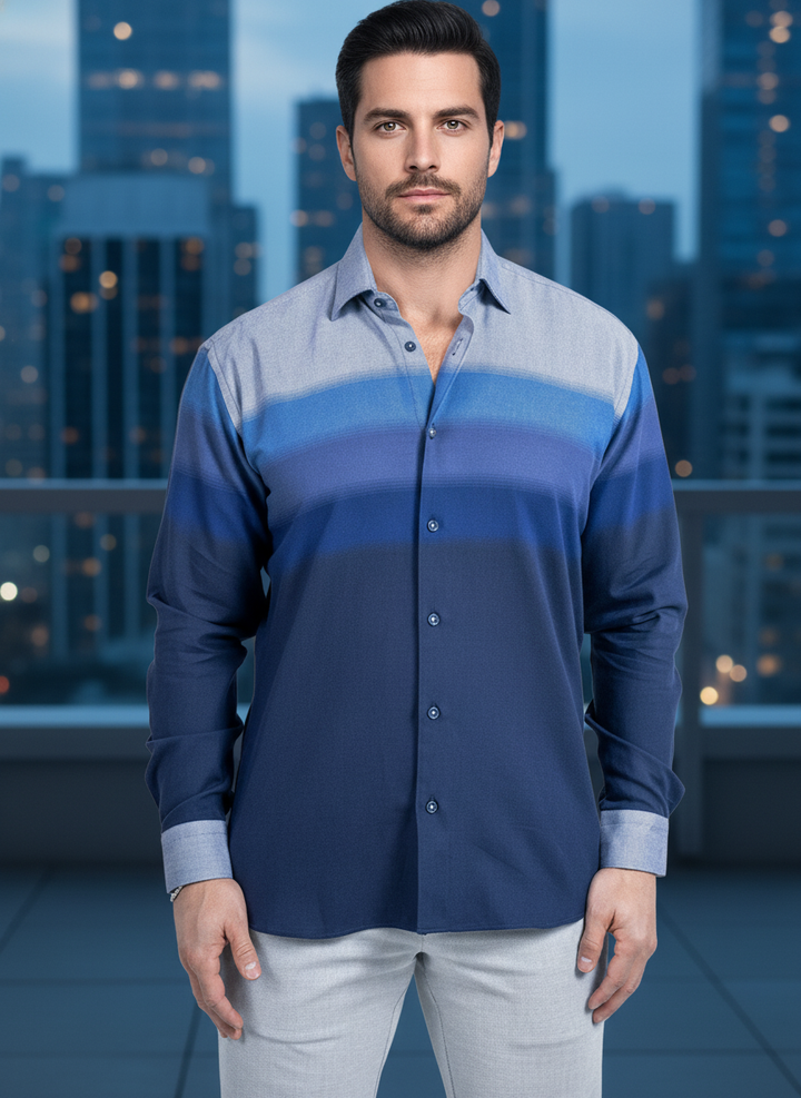 Elevate your style with this refined men's long-sleeve button-up shirt, featuring a striking horizontal color block design in an ombre of blues, from light grey-blue to deep navy. Perfect for a sophisticated yet contemporary look.