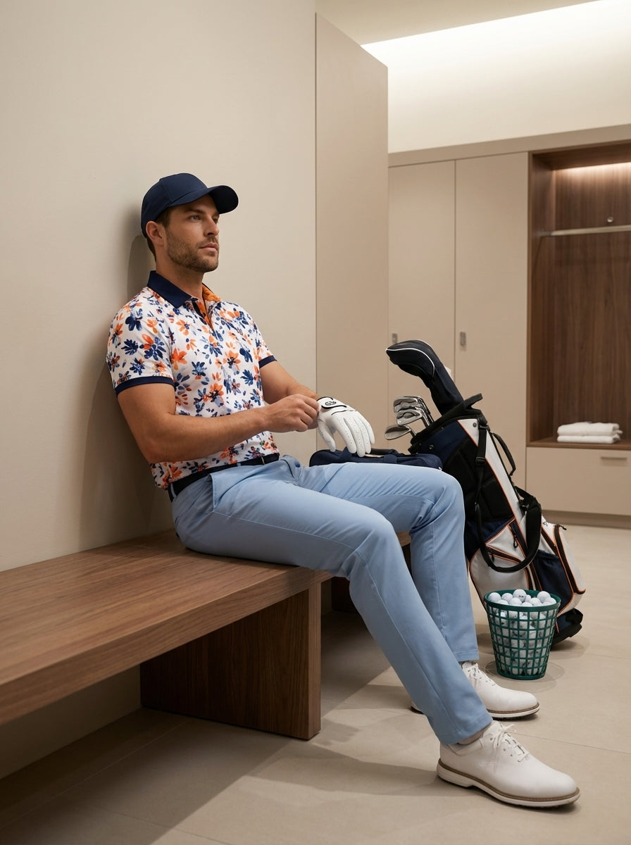This men's short-sleeve polo shirt features a vibrant all-over floral print in shades of orange and navy blue on a crisp white background. It is designed with a contrasting navy collar, sleeve cuffs, and a subtle embroidered chest logo.