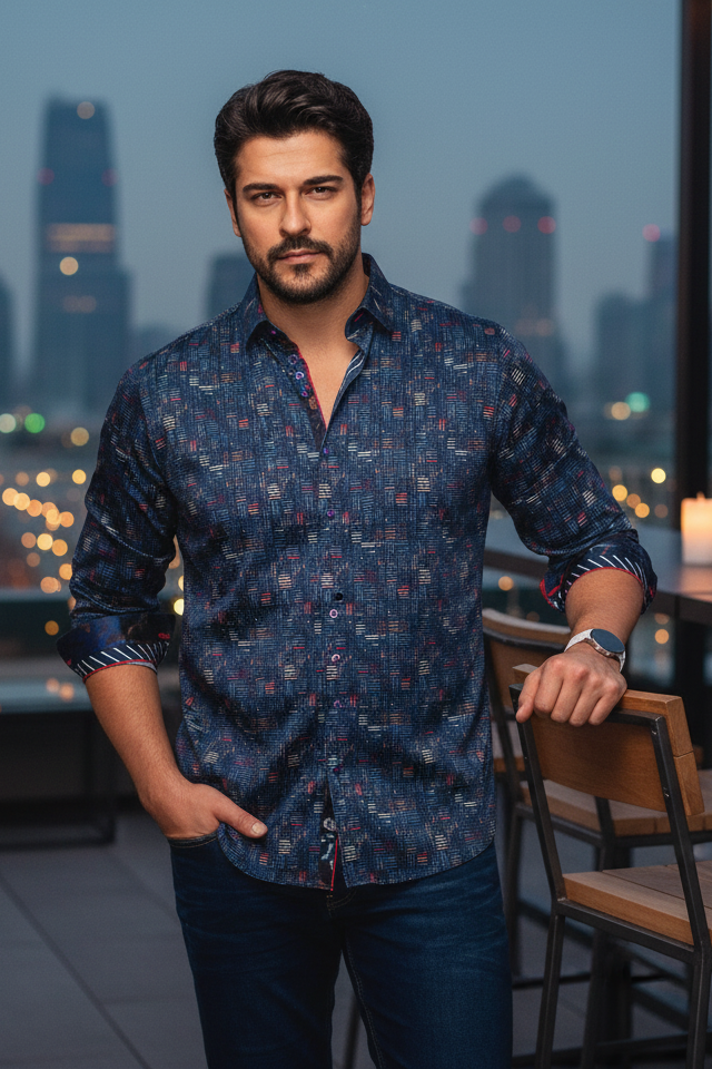 Elevate your style with this refined men's long-sleeve shirt, featuring an intricate navy and multi-colored linear pattern that creates a captivating textural depth. Crafted for sophistication, it pairs a modern aesthetic with classic comfort for any disc