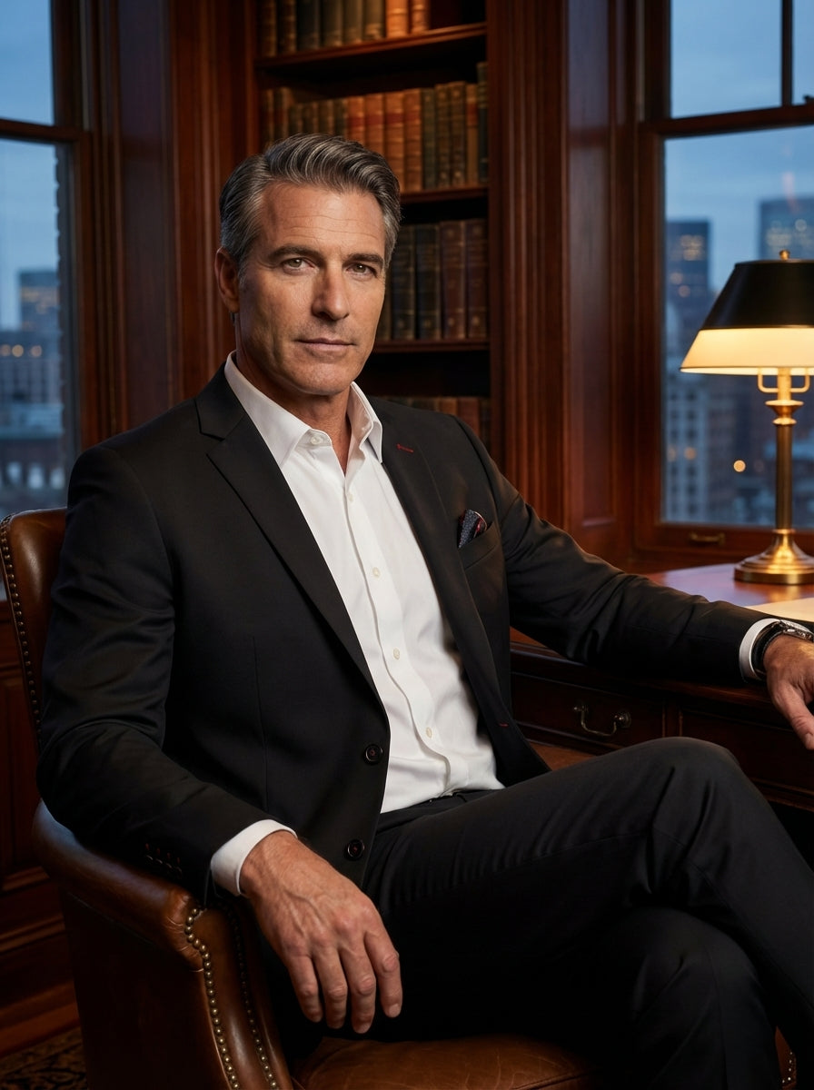 This sharp, black slim-fit blazer features subtle red stitch accents and a contrasting pocket square for a modern edge. Paired with a crisp white button-down and tailored trousers, it offers a sophisticated silhouette perfect for formal evenings and profe