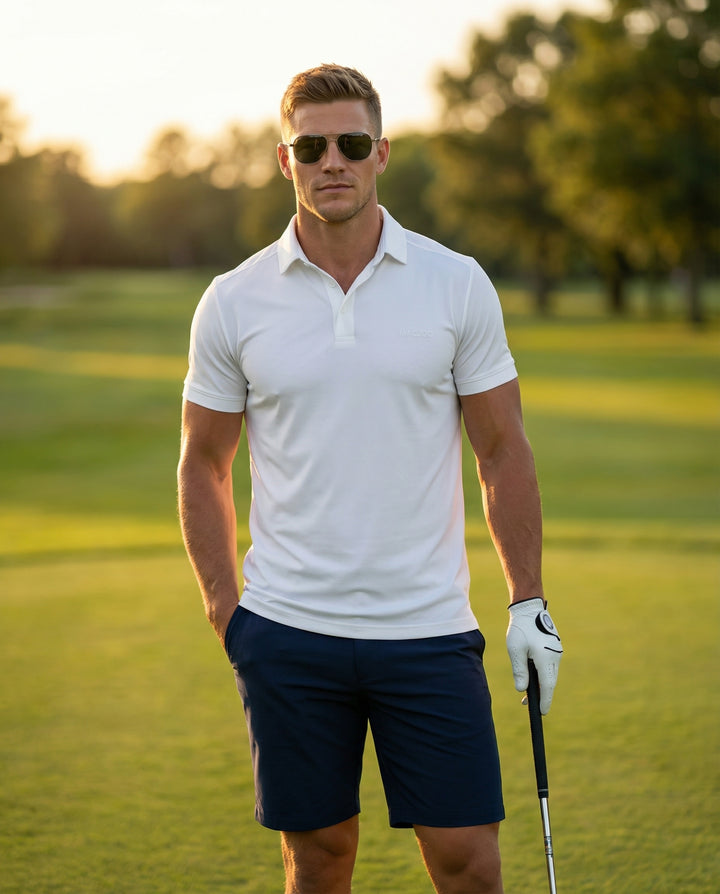 This premium white short-sleeved polo shirt is crafted from a breathable, high-performance pique fabric, featuring a clean-cut spread collar and a sleek three-button placket. The tonal Maczoo chest logo adds a subtle touch of sophistication to this versat