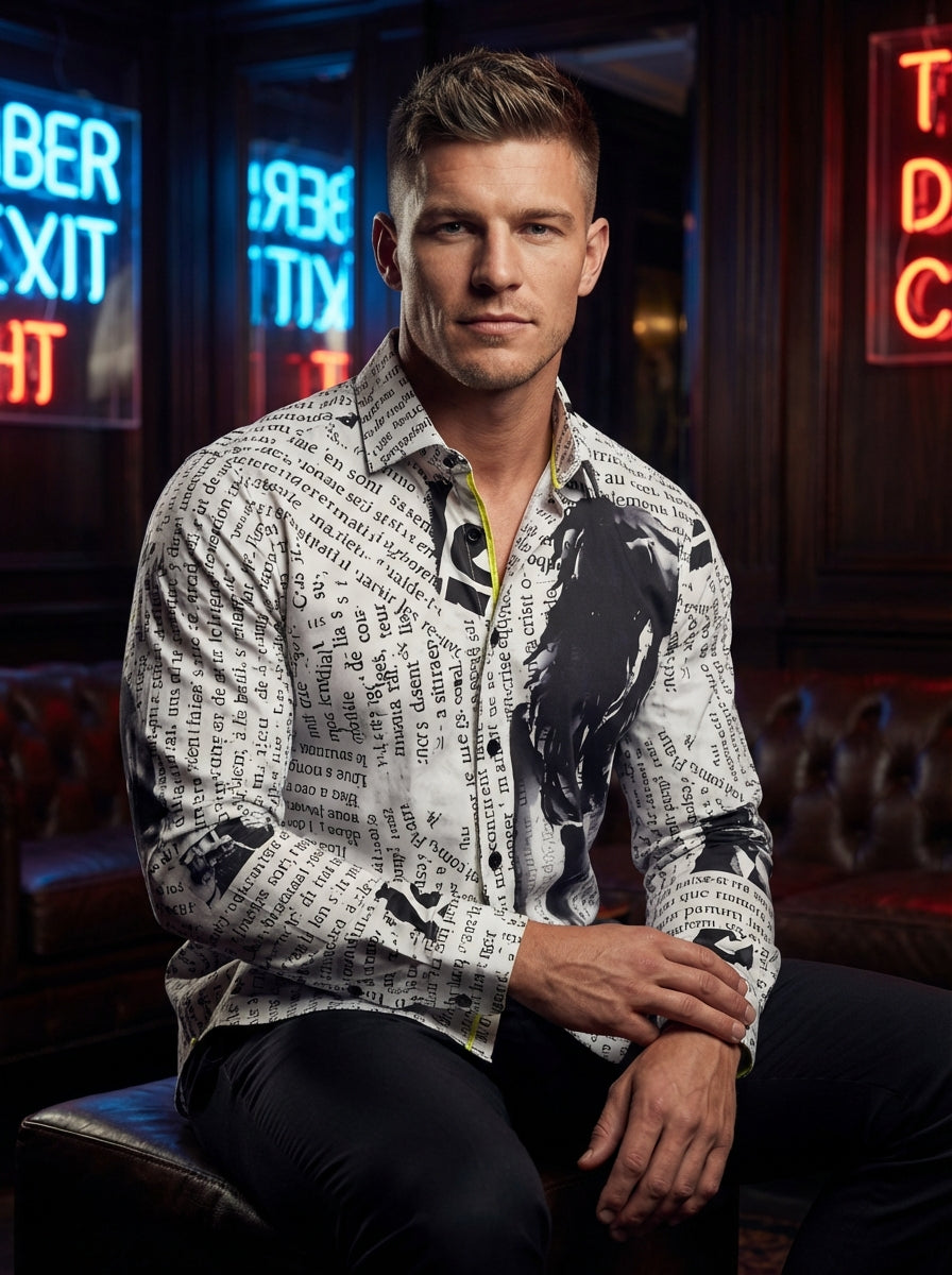 This avant-garde button-down shirt features a bold monochrome newsprint and typography motif overlaying shadowy graphic portraits. Crafted with a crisp collar and contrast interior piping, it offers a sophisticated yet rebellious take on contemporary mens