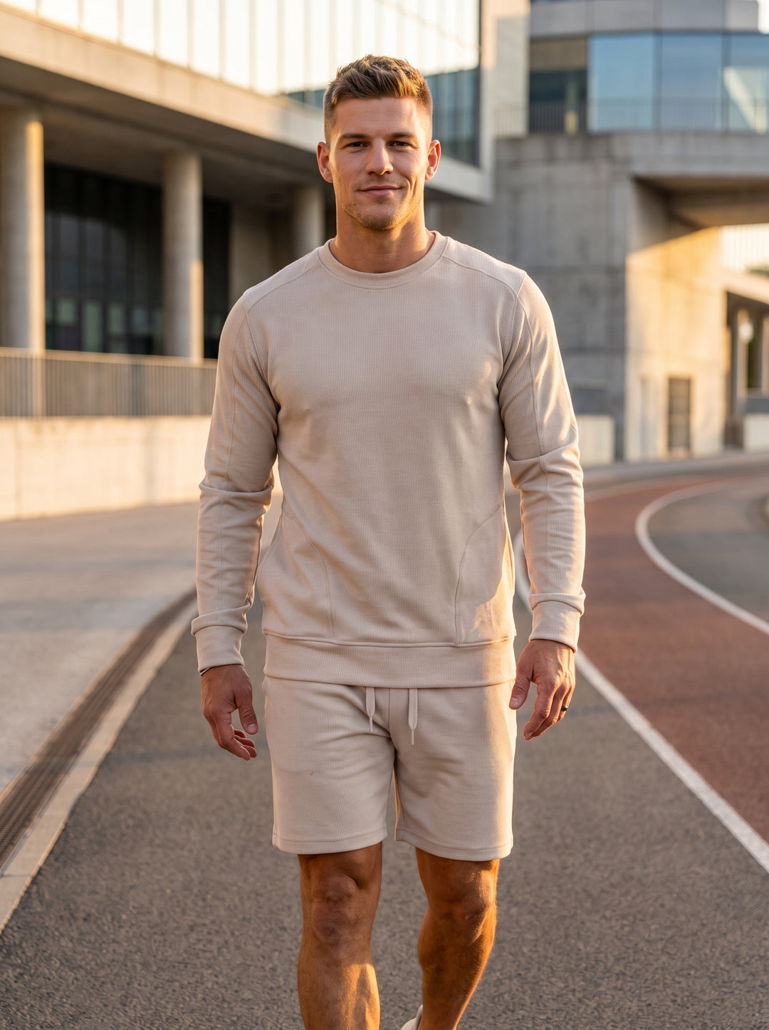 This premium monochromatic sand-toned lounge set features a textured ribbed knit finish. The long-sleeve sweatshirt includes a wide banded hem and articulated sleeve panelling, paired with matching drawstring shorts designed for ultimate comfort, versatil