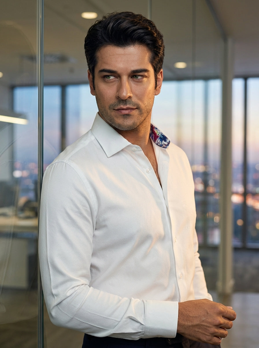 This elegant MASUTTO white dress shirt features a subtle jacquard texture throughout. Designed with a classic spread collar, it reveals a vibrant, multi-colored abstract print along the inner neckline for a modern twist. The tailored fit ensures a sophist