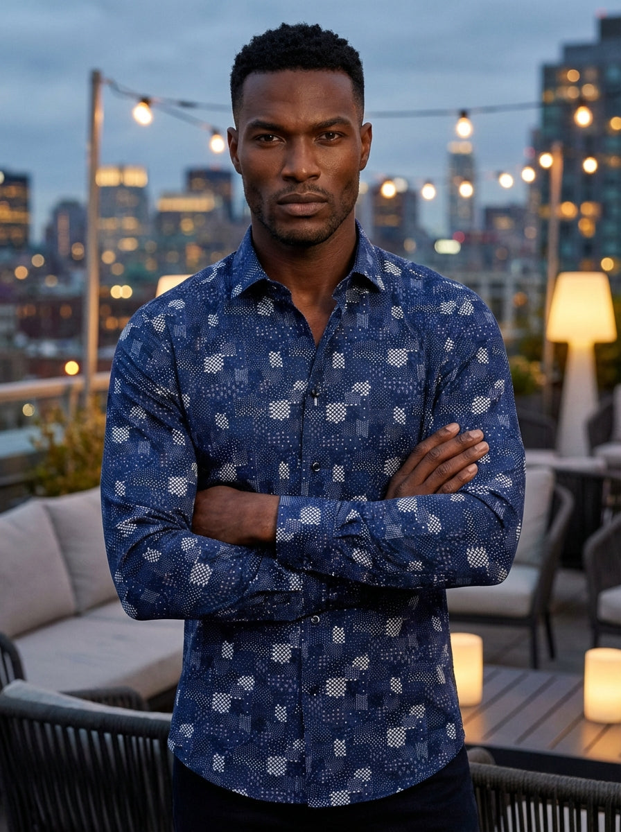 Elevate your wardrobe with this Masutto long-sleeved button-down shirt. Crafted from premium navy fabric, it features an intricate geometric patchwork print with white checkered accents and textured patterns. This versatile piece offers a sophisticated, m