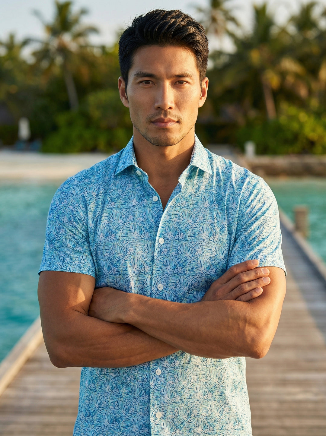 This Masutto short-sleeve button-down shirt features a vibrant all-over tropical palm leaf print in various shades of blue and teal. Crafted with a spread collar and clean white buttons, it offers a refreshing, contemporary look perfect for warm weather.