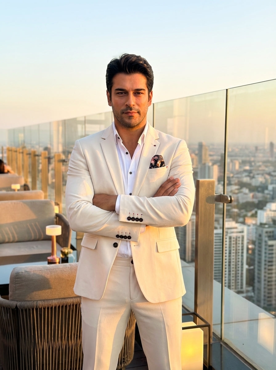 Elevate your wardrobe with this sophisticated ivory slim-fit suit. Featuring a notched lapel, contrasting black buttons, and a stylish floral pocket square, this tailored ensemble offers a modern twist on classic formalwear, perfect for weddings or upscal