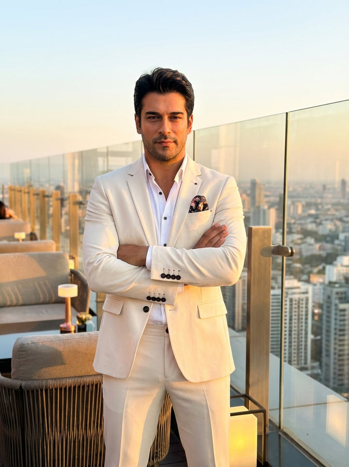 Elevate your wardrobe with this sophisticated ivory slim-fit suit. Featuring a notched lapel, contrasting black buttons, and a stylish floral pocket square, this tailored ensemble offers a modern twist on classic formalwear, perfect for weddings or upscal