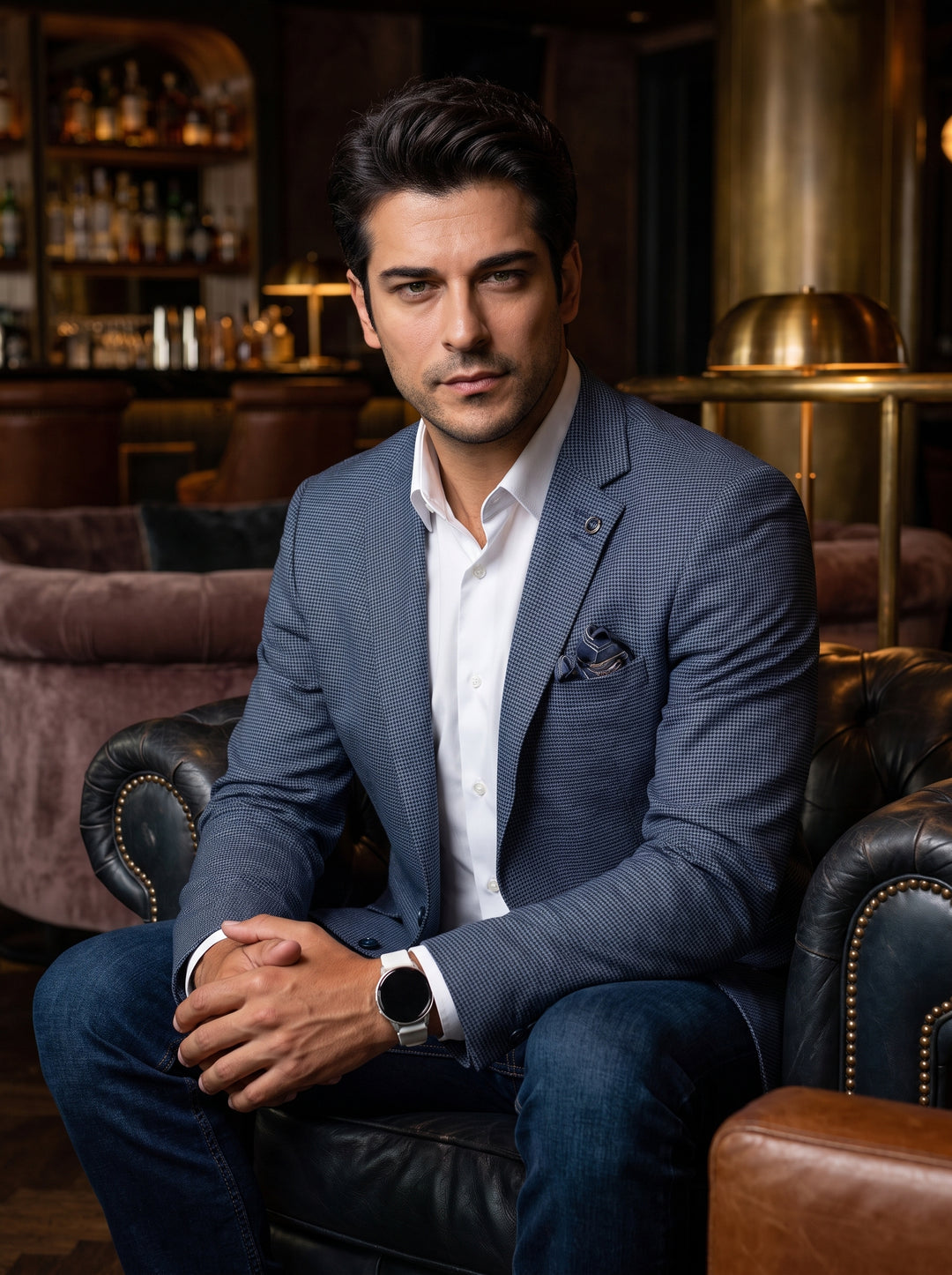 A refined blue micro-patterned blazer featuring a notched lapel, two-button closure, and a coordinating pocket square. Paired with a crisp white button-down shirt and dark denim, this tailored piece offers a versatile, modern aesthetic for semi-formal occ
