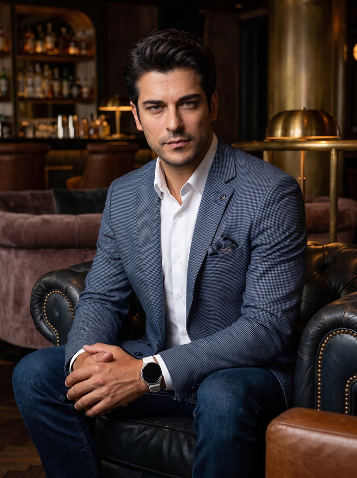 A refined blue micro-patterned blazer featuring a notched lapel, two-button closure, and a coordinating pocket square. Paired with a crisp white button-down shirt and dark denim, this tailored piece offers a versatile, modern aesthetic for semi-formal occ