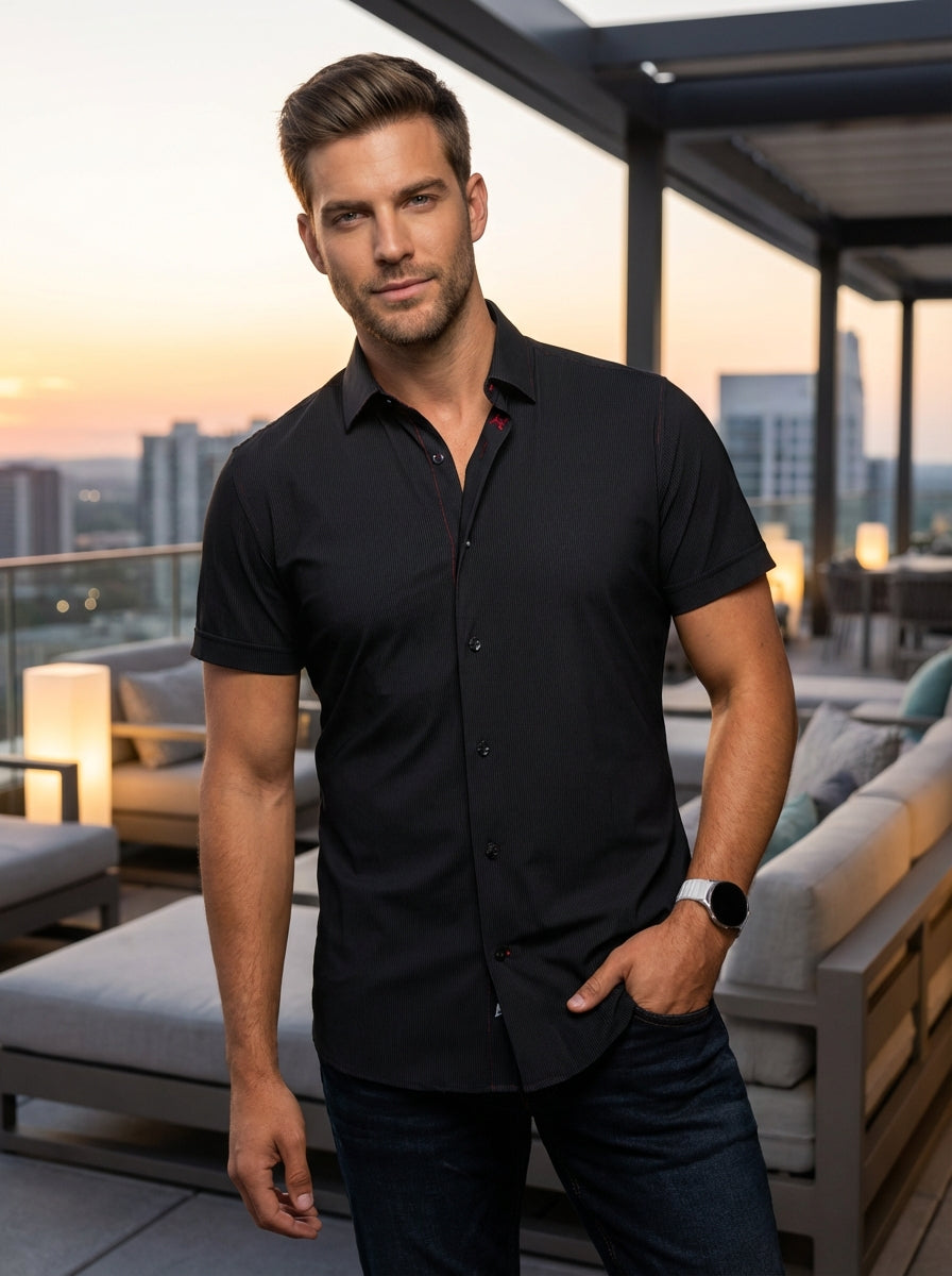 This sophisticated black short-sleeve button-down shirt features a subtle vertical texture and a slim-fit silhouette. Designed with a classic collar and discreet red stitching accents, it offers a modern, versatile aesthetic perfect for transitioning from