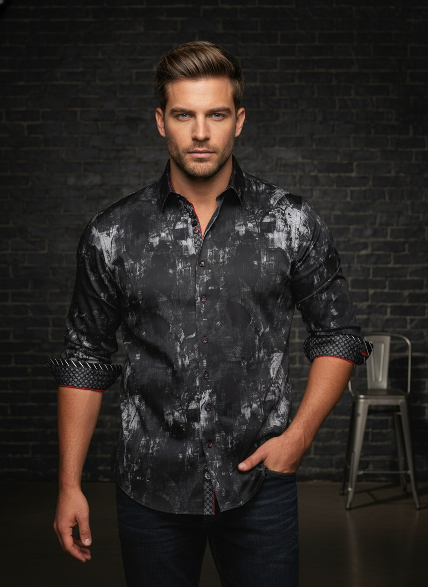 Elevate your wardrobe with this avant-garde button-down, featuring a striking black and grey abstract print. Distinctive red contrast piping and geometric cuff details offer a modern, rebellious edge to this sophisticated, slim-fit silhouette.