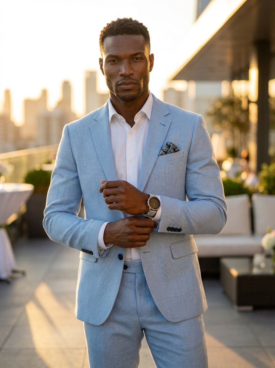 This sophisticated two-piece suit in a serene light blue hue features a modern tailored fit. Crafted with a subtle texture, the ensemble includes a notch-lapel blazer, matching trousers, a crisp white dress shirt, and a coordinated patterned pocket square