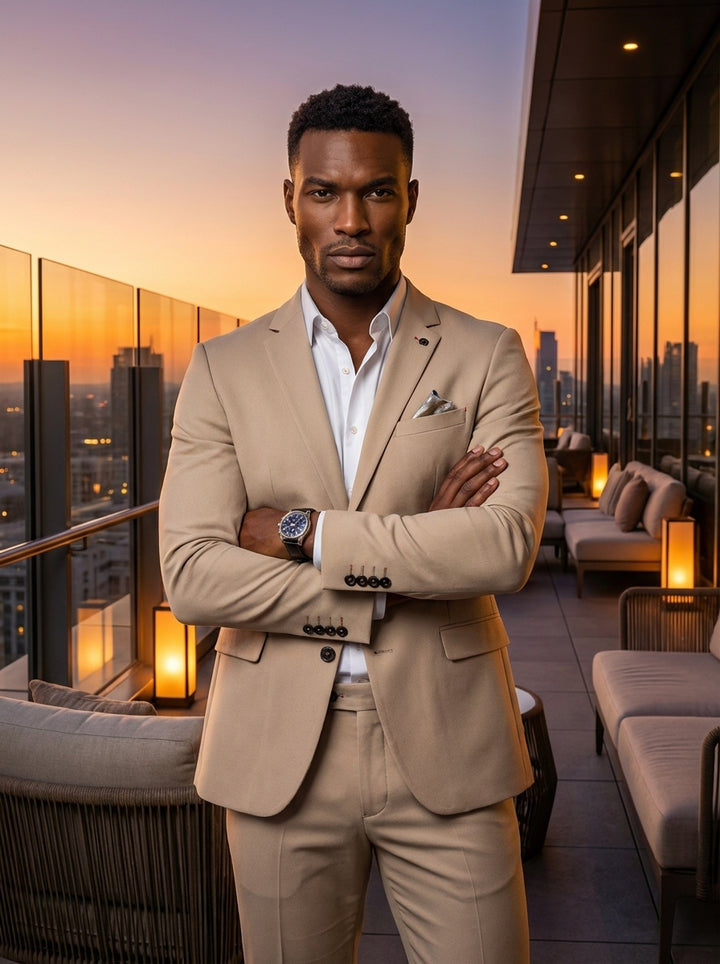 This tailored beige two-piece suit offers a modern, slim-fit silhouette for the contemporary gentleman. Crafted from high-quality fabric, it features notched lapels, a classic single-breasted closure, and elegant detailing, making it ideal for weddings, g