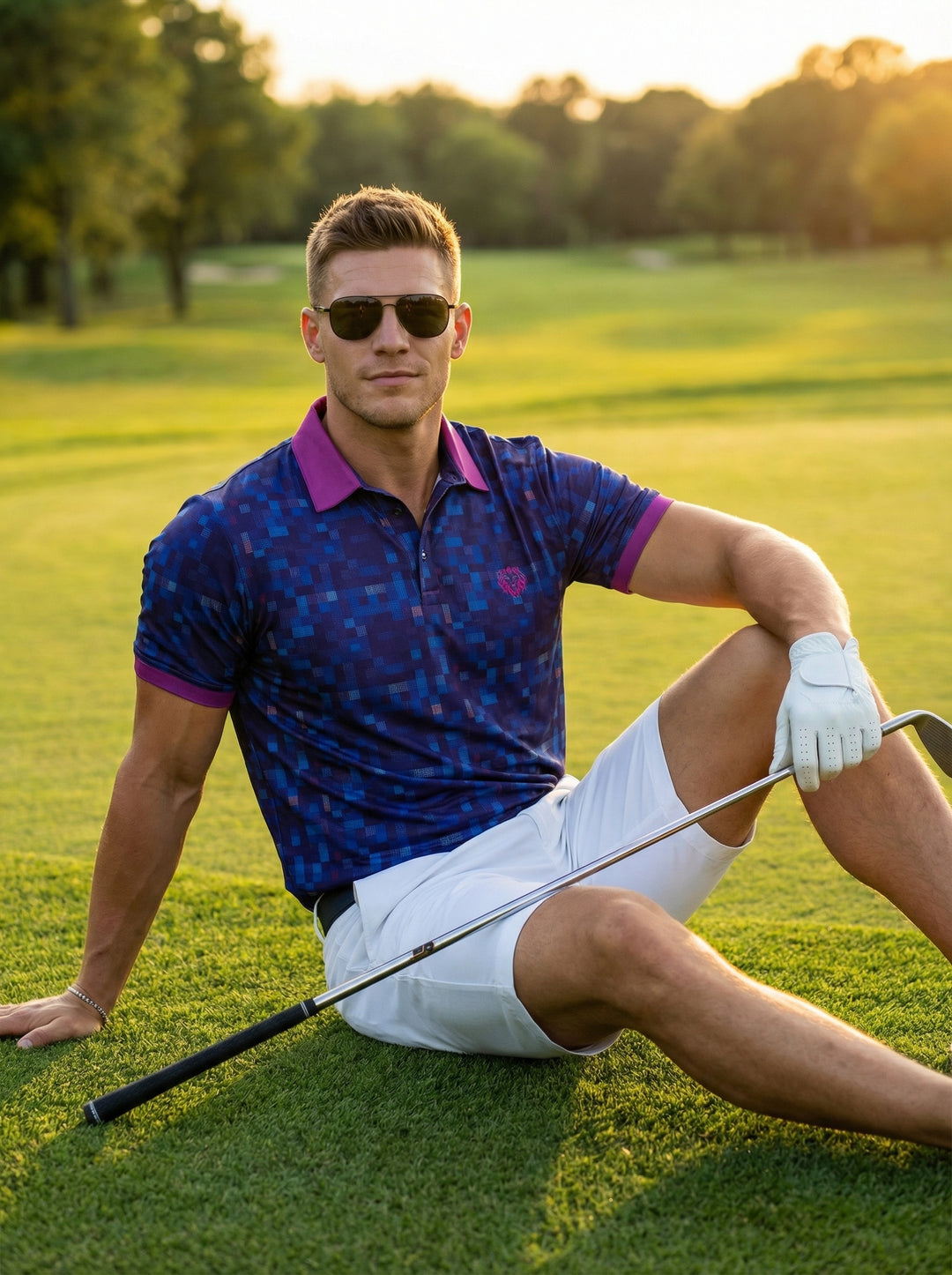This modern performance polo features a unique digital pixelated camouflage pattern in deep navy and cobalt blue. It is accented by a vibrant magenta collar and matching sleeve cuffs, with a signature lion logo embroidered on the left chest.