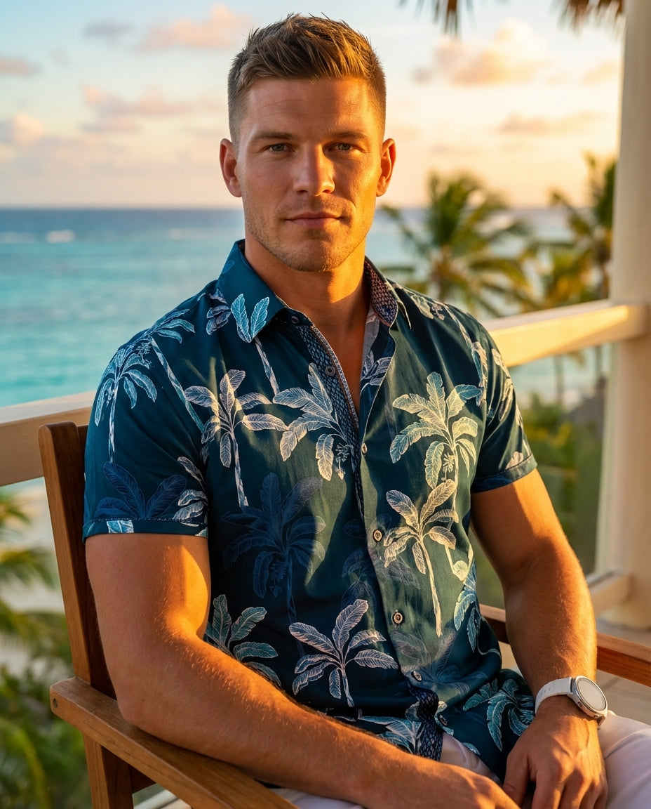 This stylish short-sleeve button-down shirt features a vibrant white and navy palm tree print on a deep teal background. It includes intricate contrast detailing on the collar and placket, offering a modern, tailored fit perfect for warm-weather casual el