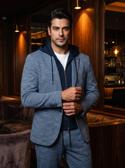 This modern ensemble features a light blue textured knit blazer paired with matching drawstring trousers. Layered over a navy blue zip-up hoodie and a crisp white tee, it offers a sophisticated yet relaxed approach to contemporary men's smart-casual dress