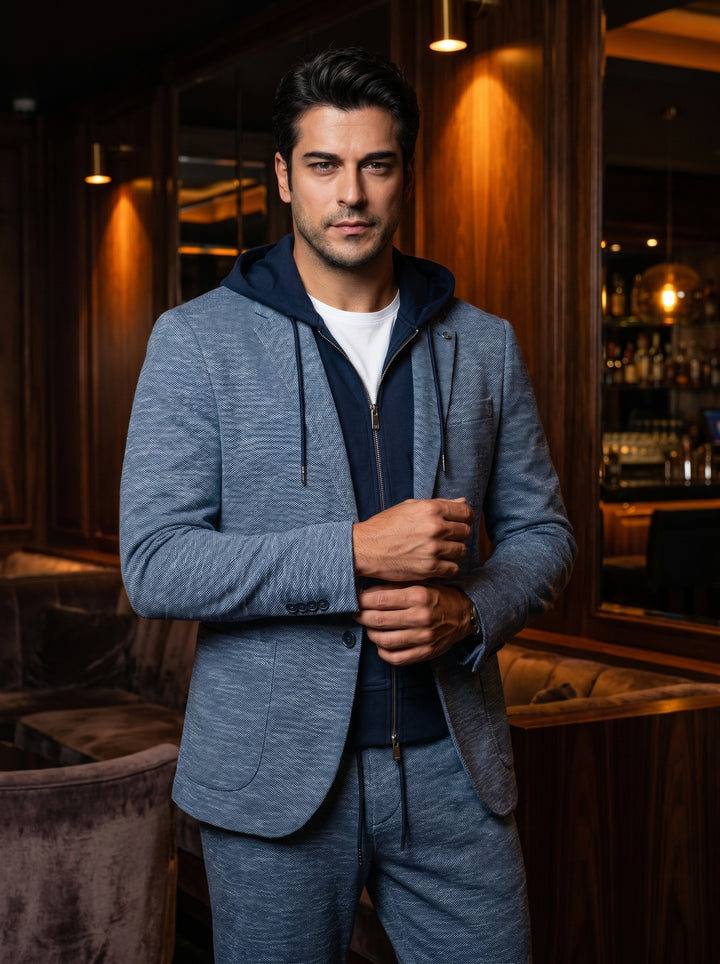 This modern ensemble features a light blue textured knit blazer paired with matching drawstring trousers. Layered over a navy blue zip-up hoodie and a crisp white tee, it offers a sophisticated yet relaxed approach to contemporary men's smart-casual dress