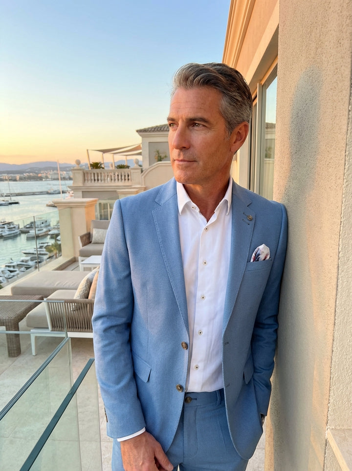 This sophisticated two-piece suit in a serene cornflower blue features a textured weave and tailored fit. Paired with a crisp white button-down, the ensemble is elevated by a patterned pocket square, notched lapels, and modern contrasting button details t