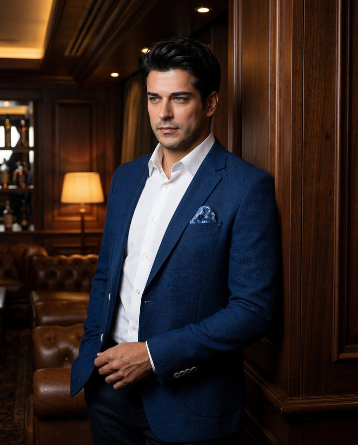 This tailored men's navy blue blazer features a refined textured weave, slim-fit silhouette, and notch lapels. Styled with a crisp white button-down shirt and an ornate blue pocket square, it offers a sophisticated smart-casual look ideal for modern wardr