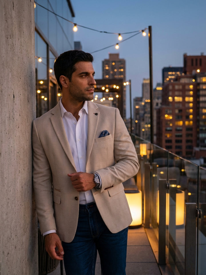 Elevate your smart-casual wardrobe with this sophisticated beige tailored blazer featuring a subtle micro-check pattern and notched lapels. This two-button jacket is accented with a patterned pocket square and contrasting buttons, offering a refined silho