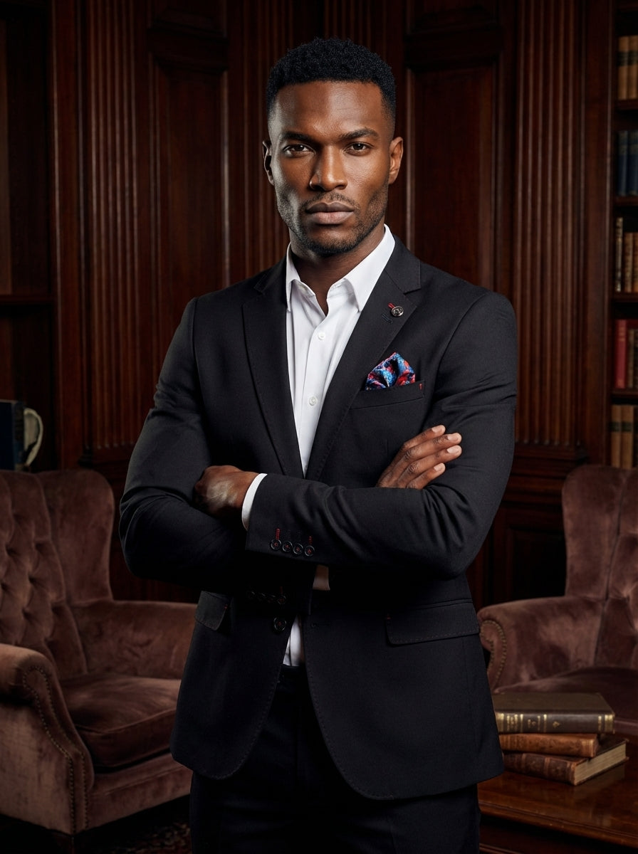 This sophisticated black slim-fit blazer features subtle red stitching accents and a decorative lapel pin. Paired with a crisp white button-down shirt and a vibrant patterned pocket square, the ensemble offers a contemporary take on classic formal attire 