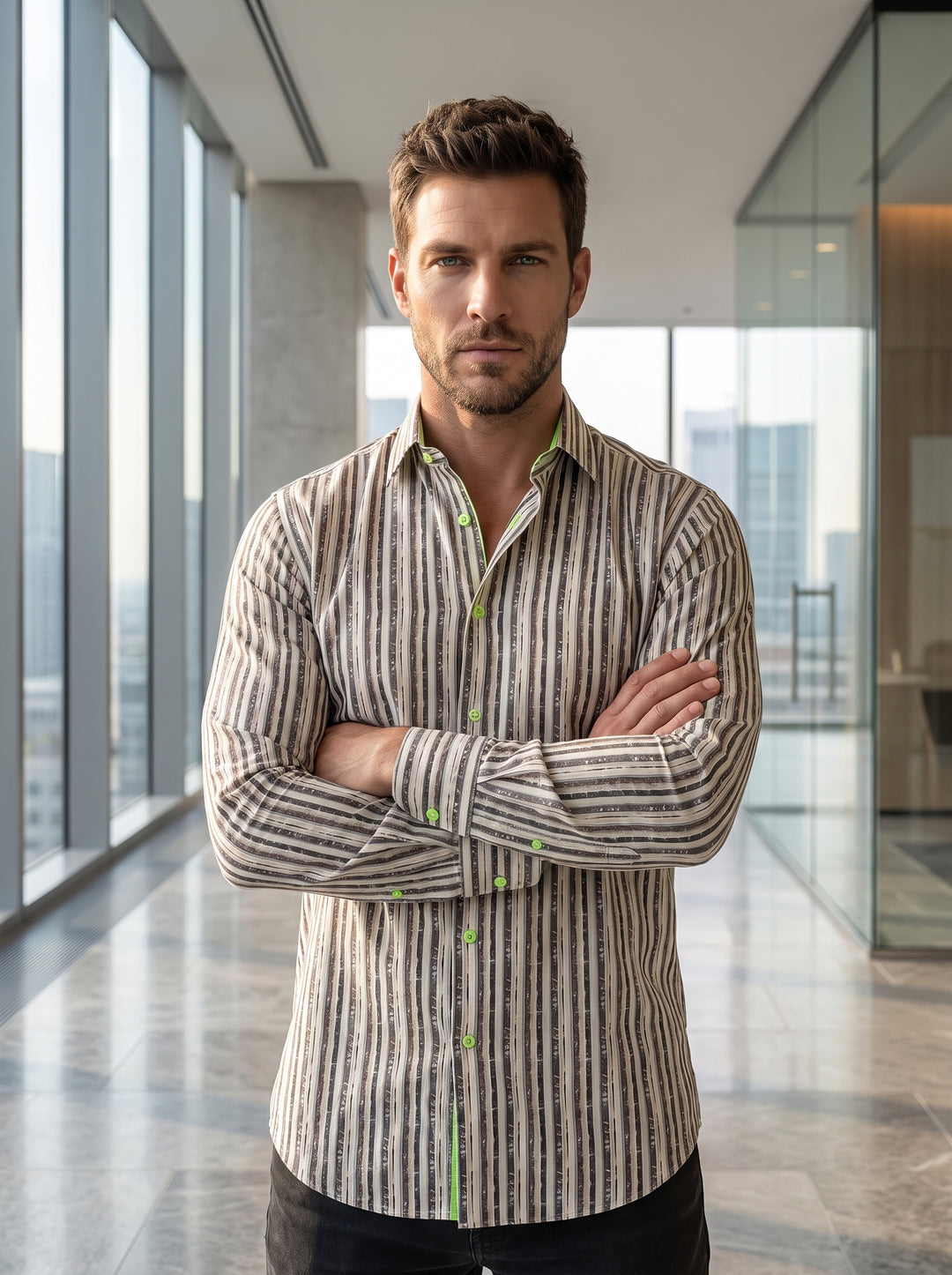 This tailored button-down shirt features a sophisticated vertical stripe pattern in neutral tones with distressed, textured detailing. Its classic collar and long sleeves are accented by vibrant lime green buttons and interior trim, offering a contemporar