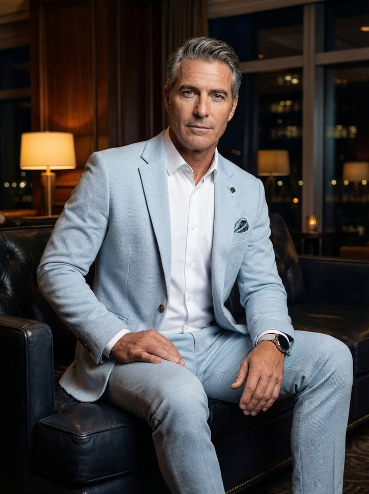 A sophisticated light blue two-piece suit featuring a textured knit fabric. The tailored blazer includes a notched lapel and a coordinated pocket square, paired with matching slim-fit trousers and a crisp white button-down shirt for a modern, elegant aest