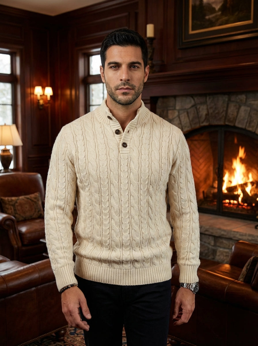 This premium cream-colored cable-knit sweater features a sophisticated mock neck with a unique three-button placket. Crafted with intricate braided textures and ribbed cuffs, it offers a timeless masculine silhouette that balances warmth with high-end cas