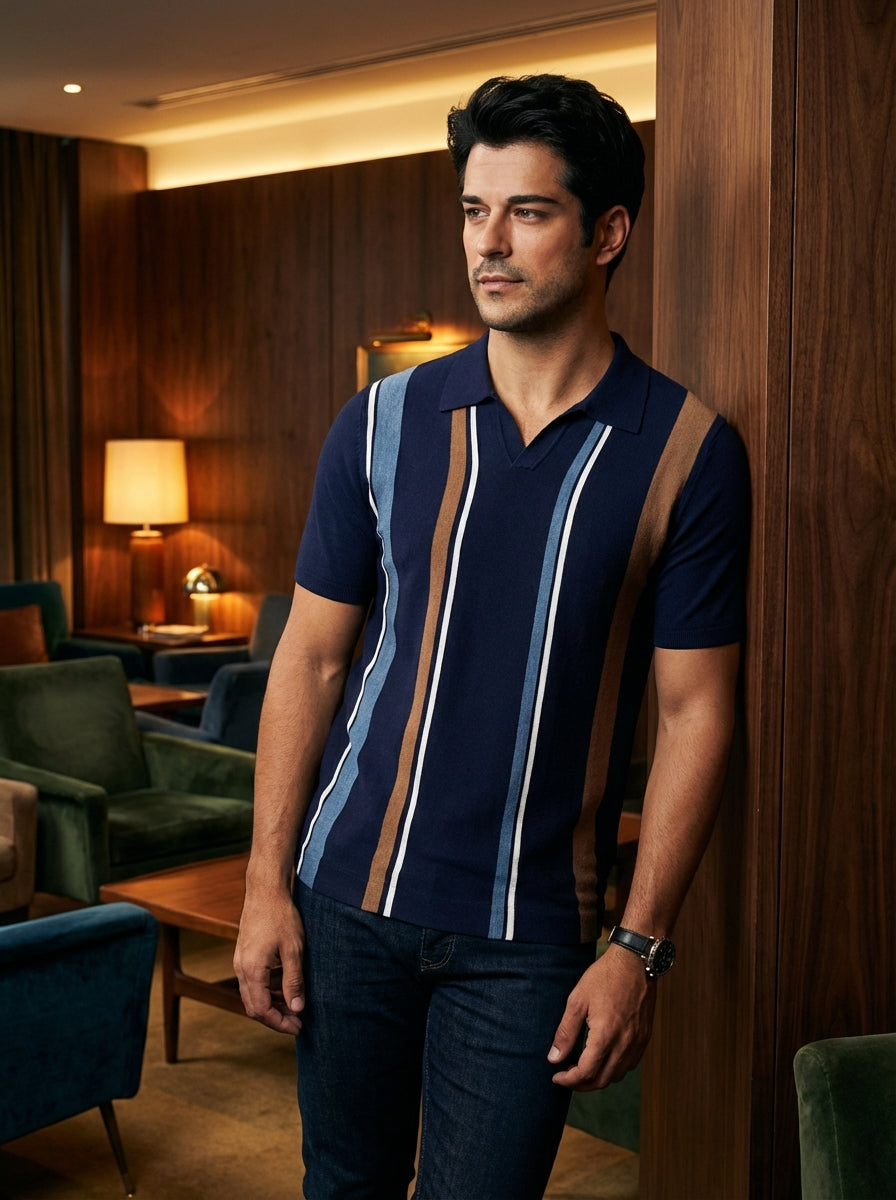 This navy short-sleeved knit polo features a refined vintage-inspired aesthetic. Characterized by bold vertical stripes in tan, light blue, and crisp white, the shirt offers a modern textured finish and a sharp open collar for effortless, sophisticated sm