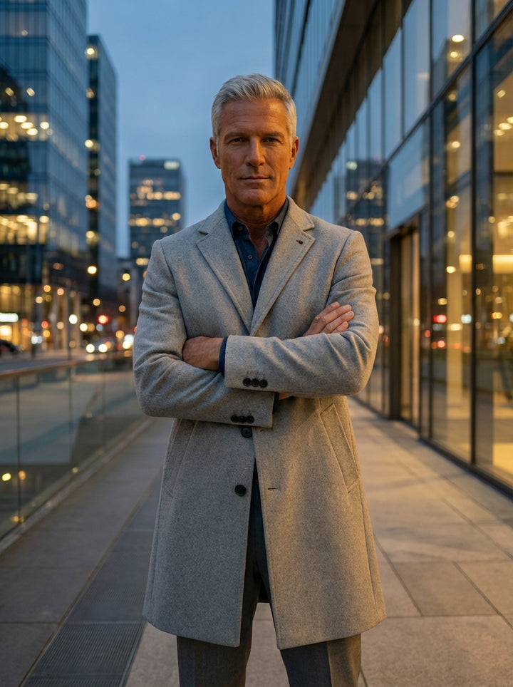 This sophisticated men's overcoat is crafted from a premium light grey wool blend, featuring a classic notch lapel and a sharp three-button closure. Its tailored silhouette and clean lines offer a timeless look perfect for layering over professional attir