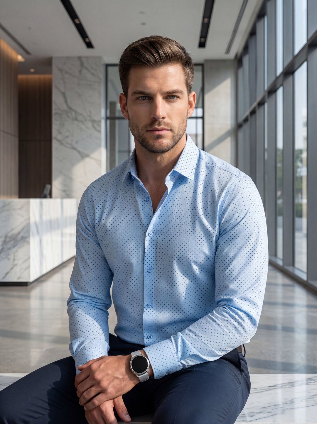 This tailored light blue button-down shirt features a subtle, geometric micro-print for a modern touch. Crafted with a crisp collar and adjustable cuffs, it offers a versatile fit that transitions seamlessly from polished office wear to sophisticated even