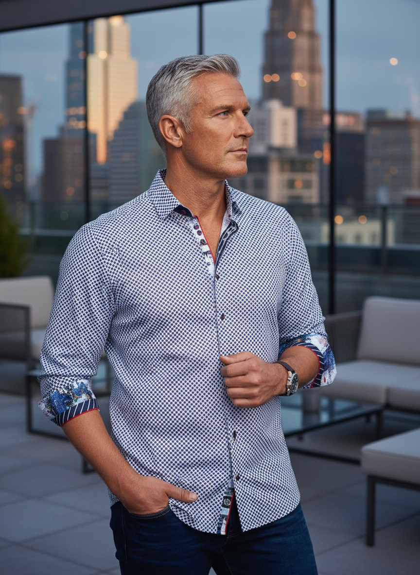 Exude modern elegance with this blue geometric-print shirt. Featuring intricate contrast-patterned cuffs and refined red piping, its tailored fit and premium fabric make it a versatile staple for the discerning gentleman's wardrobe.